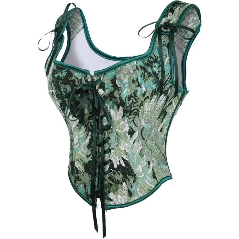 Women's Green Daisy Floral Renaissance Corsets Cottage Core Vest Corset Tops - Picture 2 of 7